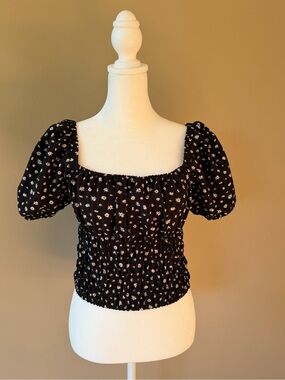 Elodie Smocked Black Puff-Sleeve Crop Top with White Floral Print
